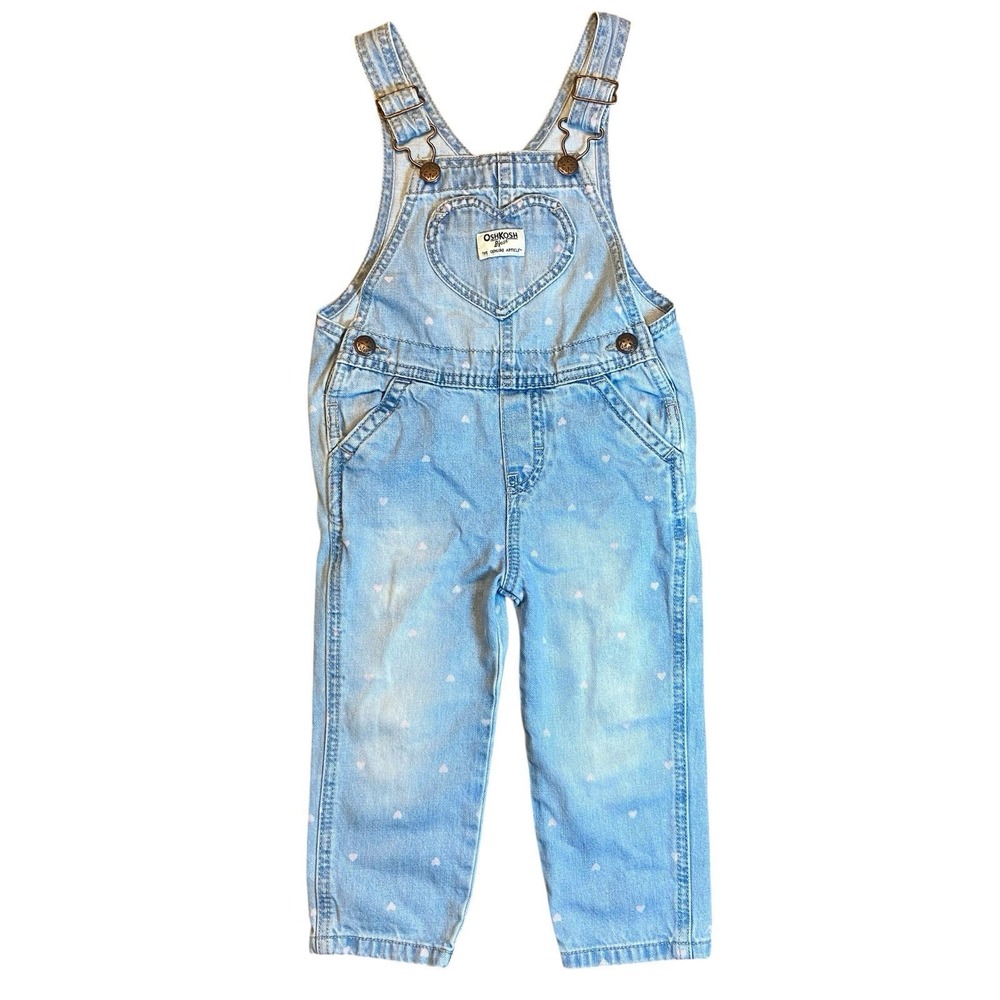 Oshkosh B'Gosh Overalls Pink Hearts 2T Adjustable Light Wash